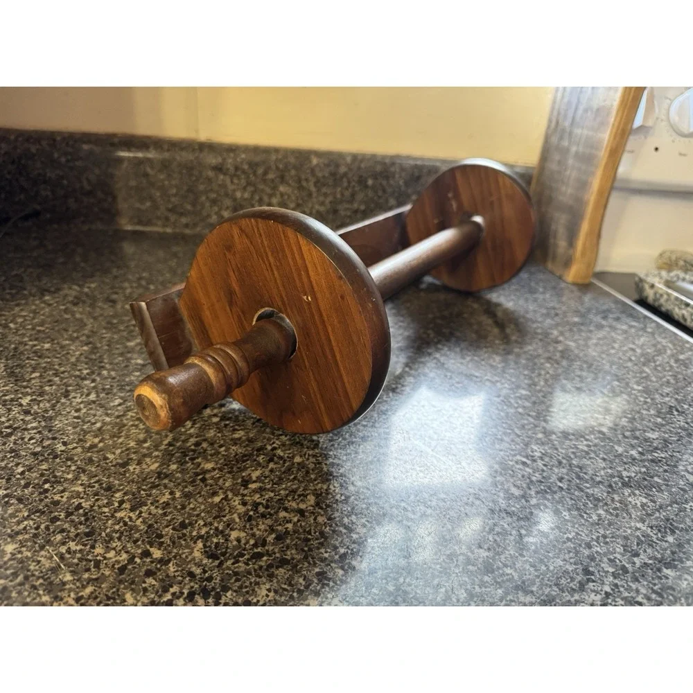 Vintage dark brown solid wood wall mount paper towel holder rolling pin shaped